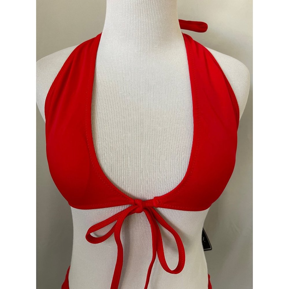 ZAFUL Red Tie Front Bikini Top w/ Matching Peek-a-Boo Racing Style Bikini Bottom - Picture 2 of 12